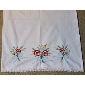 Hand Embroidered Pillowcase White Pink Floral Bouquets Standard Cotton Vintage